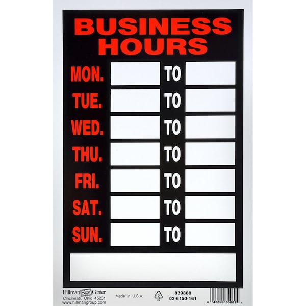 Hillman Business Hours, Plastic, 8 in x 12 in 839888 - main